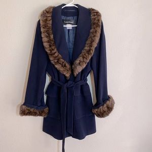 90s Vintage Louis Féraud Mink Trim Angora Wool Wrap Coat
